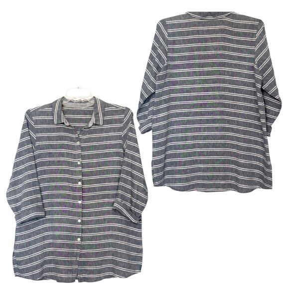Linen Button Top Gray Stripe 3/4 Sleeve HABITAT L Coastal Grandmother Lagenlook - Picture 3 of 10